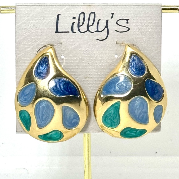 Vintage Lilly’s Blue Green & Gold Enamel Geometric Post Earrings - Picture 2 of 5